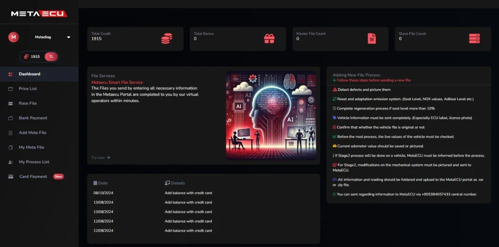 Screenshot of the Meta ECU portal dashboard, featuring sections like Dashboard, Price List, and Bank Payment. The screen includes a notice about the Metaecu Smart File Service and a detailed procedural guide for adding a new file. An illustration depicts AI technology, highlighting digital innovation.