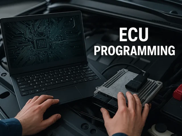 A technician programming an ECU (Engine Control Unit) under the hood of a vehicle, working with a laptop and the ECU module.