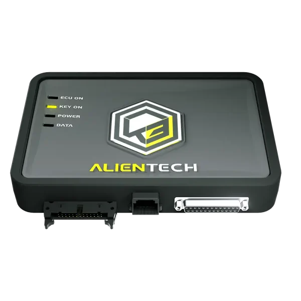 A black and silver Alientech device featuring LED indicators for ECU, key, power, and data, with multiple ports for connectivity.