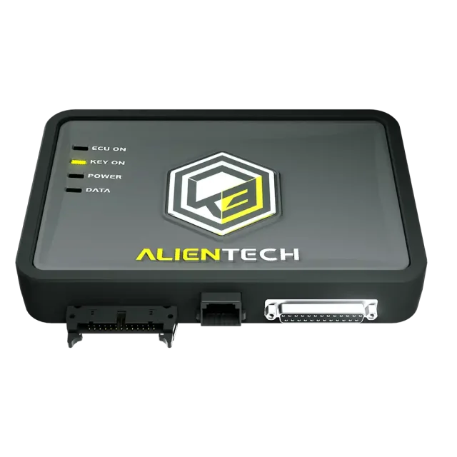 A black and silver Alientech device featuring LED indicators for ECU, key, power, and data, with multiple ports for connectivity.