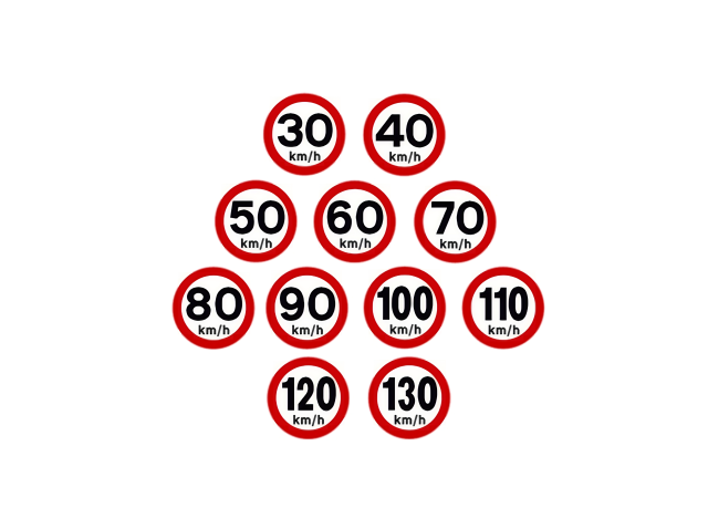 A pyramid arrangement of road speed limit signs ranging from 30 km/h at the top to 130 km/h at the bottom, each sign with a red border and black text on white background.