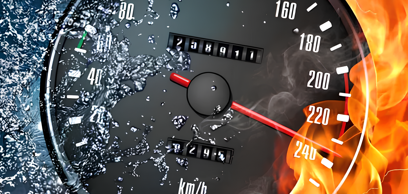 A speedometer shows a high speed with water splashes on the left and flames on the right, symbolizing contrasts of cool and hot temperatures. The needle points around 220 km/h, emphasizing speed and dynamic motion.