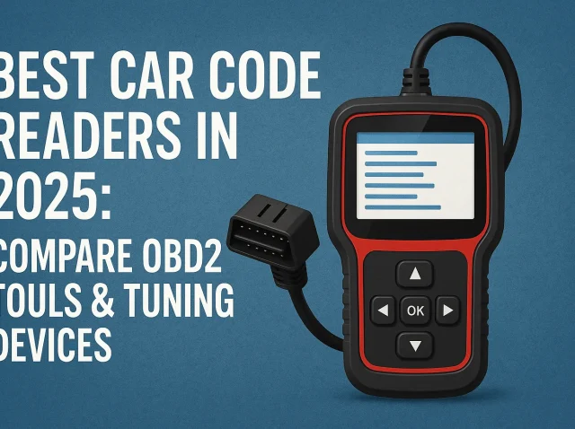 Cover image for a blog comparing the best OBD2 car code readers and tuning devices in 2025 – scanner device with title text on a blue background