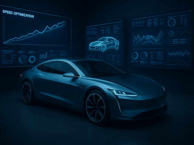 Yapay zekâ destekli donanımsız hız optimizasyonu için veri analiz ekranlarıyla çevrili fütüristik elektrikli araç.