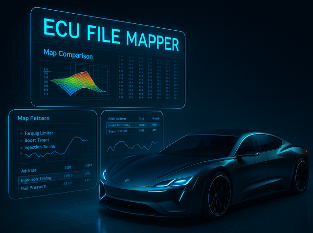 Fütüristik spor araç ve ECU dosya eşleyici analiz ekranlarıyla hız haritası karşılaştırması yapılan dijital arayüz.
