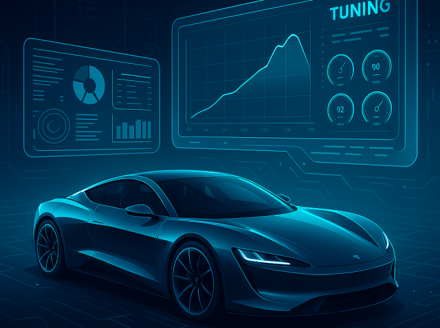 Performans testi sonrası önerilen tuning verilerini gösteren fütüristik araç ve dijital analiz ekranları.