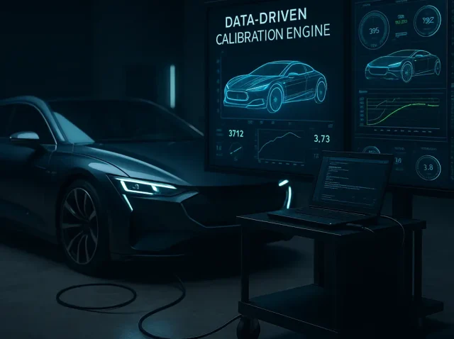 Fütüristik garaj ortamında, canlı verilerle ECU haritası optimize edilen yüksek teknolojili araç ve yazılım düzeltme arayüzü.